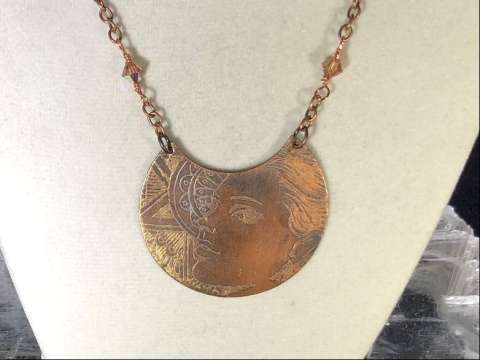 Double Sided Etched Copper Pendant With Crystal Accents