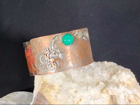 Bi-Metal Fused, Riveted, Embossed Copper Bracelete With Stone Setting