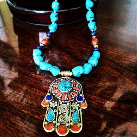 Large Hamsa With Turquoise, Coral and Brass Spacers