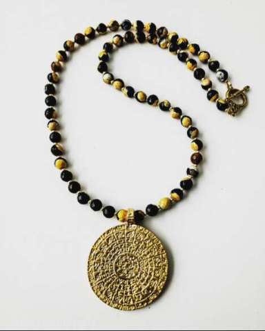 Greek Phaistos Disc With Faceted Yellow Black 6mm Agate and Toggle Closure