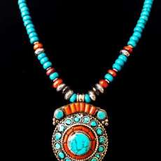 Turquoise and Coral Tibetan Pendant With Turquoise Rondelle Beads