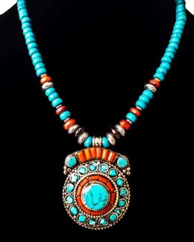 Turquoise and Coral Tibetan Pendant With Turquoise Rondelle Beads