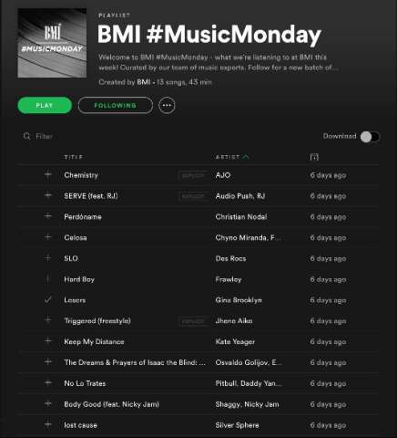 Losers was Added to BMI's Music Monday Spotify Playlist