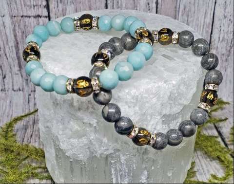 Amazonite and Striped Agate Mantra Bracelets