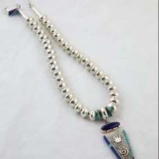 Hand Fabricated Silver Bead Necklace With Inlayed Pendant and Clasp