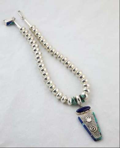 Hand Fabricated Silver Bead Necklace With Inlayed Pendant and Clasp