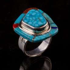 Inlayed Sterling Silver Ring W/Coral, Dino Bone and Lapis