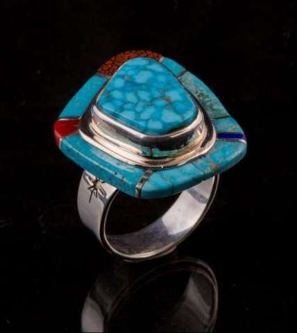 Inlayed Sterling Silver Ring W/Coral, Dino Bone and Lapis