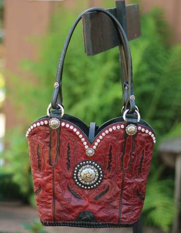 Red and black cowboy boot purse with swarovski crystals