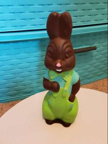 Faux Chocolate Bunny Sculpture With Overalls