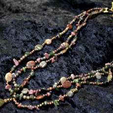 Three Strand Picasso Jasper With Pendant and Gold Colored Leaf Toggle.