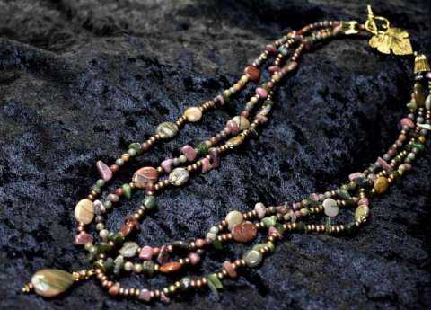 Three Strand Picasso Jasper With Pendant and Gold Colored Leaf Toggle.