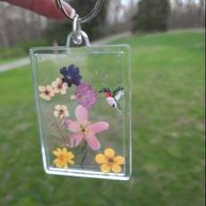 Keychain With Pressed Flowers and Hand Painted Birds and Butterflies