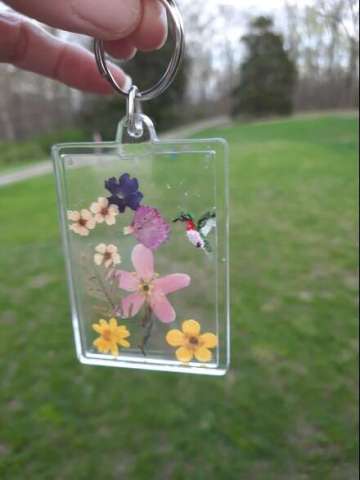 Keychain With Pressed Flowers and Hand Painted Birds and Butterflies