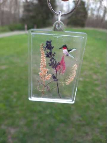 Keychain With Pressed Flowers and Painted Butterflies and Birds