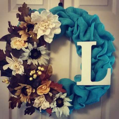 Beautiful Turquoise Burlap Sunflower Wreath With Initial