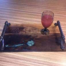 Walnut W/Resin Serving Tray W/Iron Handles