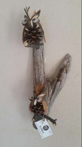 Pine Cone Owls on Driftwood