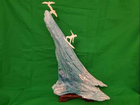 Riding Giants Surfer and Seagulls From Hand Painted Driftwood Root