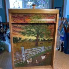 Farm Scene Watercolor on Old Wooden Drawer