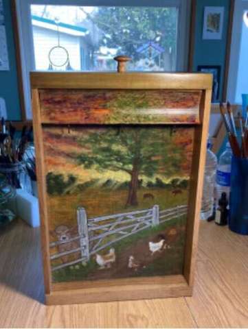 Farm Scene Watercolor on Old Wooden Drawer