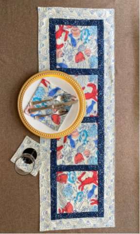 Sea Themed Table Runner With Matching Wine Coaster and Cloth Napkins.