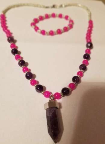 Purple and Pink Crystal Necklace With Matching Bracelet