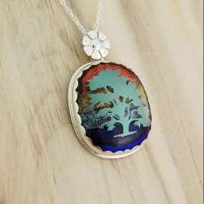 Green Dicro-Mica Cottonwood on Sunset Mosaic and Sterling Silver Pendant