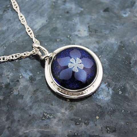 Blue Columbine on Blue Dichroic Glass Set in Small Sterling Silver Pendant