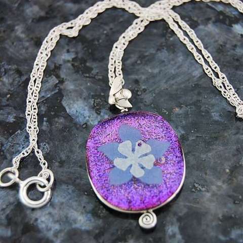 Lavender Columbine on Magenta Dichroic Glass and Sterling Silver Pendant With a Hand Forged Bee Bail