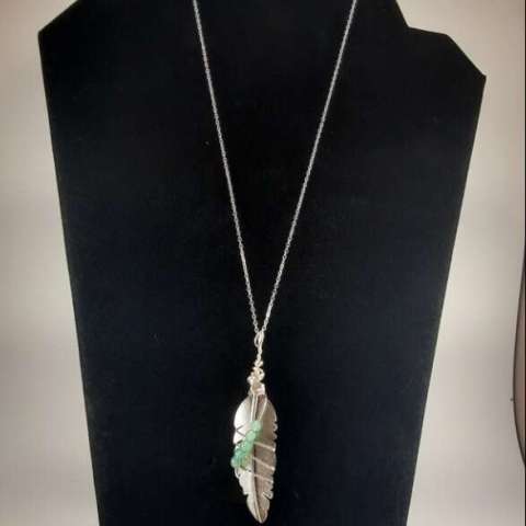 Silver Wire Wrapped Leaf With Aventurine Bead Accent