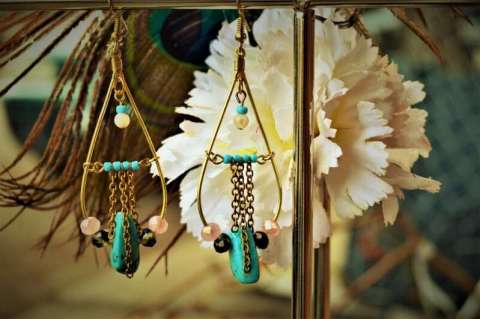 E8 Teardrop Hoops With Turquoise Stone, & Gold Plated Hooks