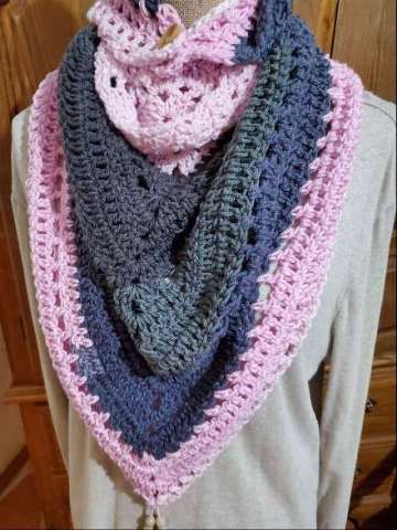 Crocheted Pink and Grey Ladies Triangle Scarf