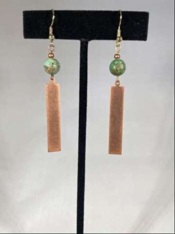 Dangle Copper Earrings With Green Stone Accent