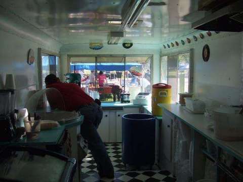 Teal countertops and black and white checkerboard floor