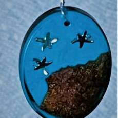 Island Pendant; Epoxy, Silver Starfish, Crystal Beads