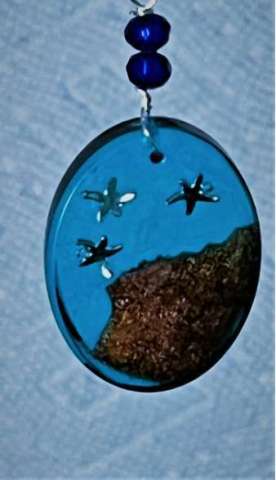 Island Pendant; Epoxy, Silver Starfish, Crystal Beads