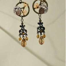 Steampunk Earrings; Gears, Amber Crystal Beads