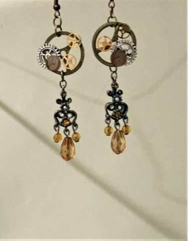 Steampunk Earrings; Gears, Amber Crystal Beads