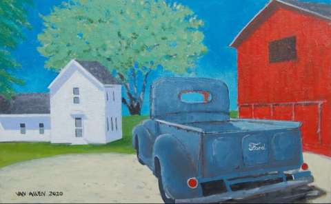 Red Barn, Farmhouse and Old Truck