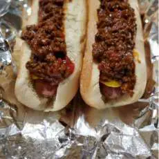 All Beef Hot Dogs With Ketchup, Mustard, and Homemade Chili