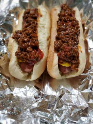 All Beef Hot Dogs With Ketchup, Mustard, and Homemade Chili