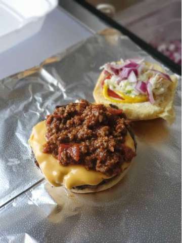 1/3 Lb Cheeseburger With Ketchup, Mustard, Homemade Chili and Slaw
