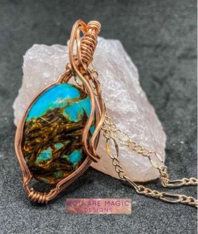 Turquoise and Bornite Copper Wrapped Pendant