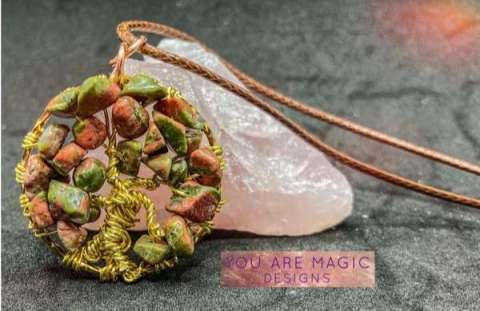 Unakite Tree of Life Wrapped in Gold Color Copper