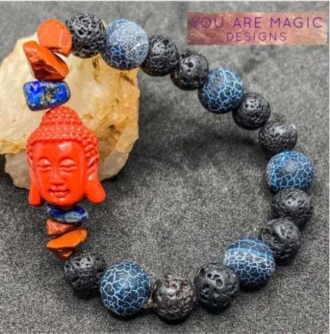 Lava Stone, Glass Bead, & Red Jasper Healing Bracelet