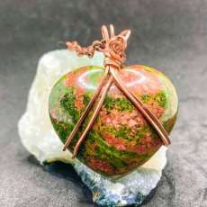 Unakite Puff Heart Copper Wrapped Pendant