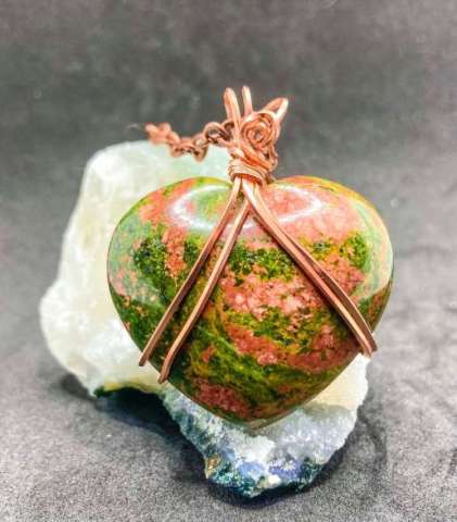 Unakite Puff Heart Copper Wrapped Pendant