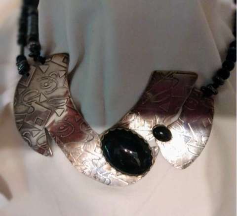 Etched Sterling Silver and Black Onyx Neck Torque