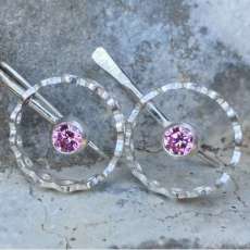 Sterling Silver Wheel Earrings With Pink CZ